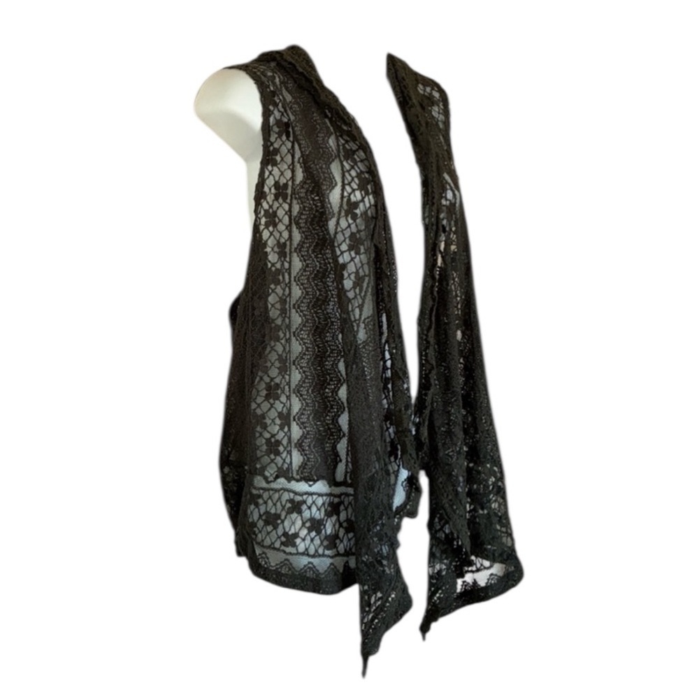 JANET CHUNG lace vest hoodie, Cascade front, hip length, forest green. 2X EUC